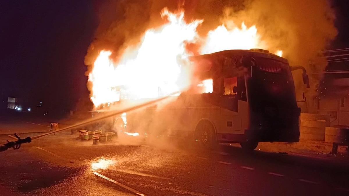 Private bus catches fire near Hassan, none hurt