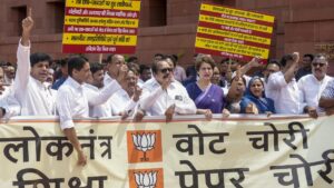 Congress MPs protest in Parliament complex over alleged ‘police brutality’ against student protesters, seek Home Minister Amit Shah’s apology